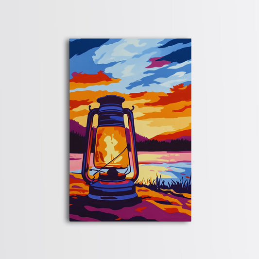 Lantern Glow, Rustic Camping Art, Warm Night Scene, Sunset Painting, Framed Canvas Print, Cabin Wall Art, Nature Decor, Outdoor Aesthetic