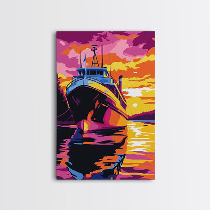 Sunset Boat Art, Nautical Wall Art, Ocean Sunset Painting, Coastal Decor, Vibrant Boat Scene, Framed Canvas Print, Living Room Art