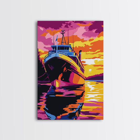 Sunset Boat Art, Nautical Wall Art, Ocean Sunset Painting, Coastal Decor, Vibrant Boat Scene, Framed Canvas Print, Living Room Art