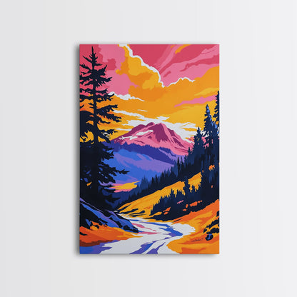 Mountain View Art, Nature Painting, Colorful Scenic Decor, Alpine Sunset, Wilderness Print, Framed Canvas Print, Office Wall Art