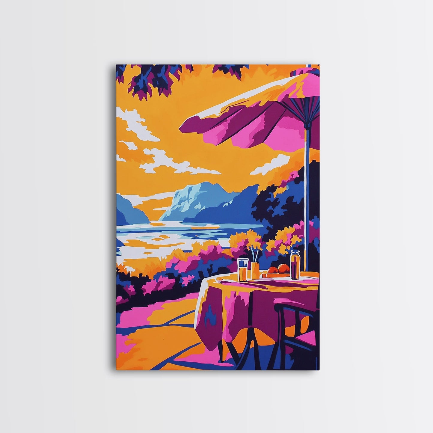 Outdoor Dining, Scenic View, Summer Patio Art, Relaxing Wall Decor, Cafe Scene, Vacation Aesthetic, Framed Canvas Print, Gift Idea