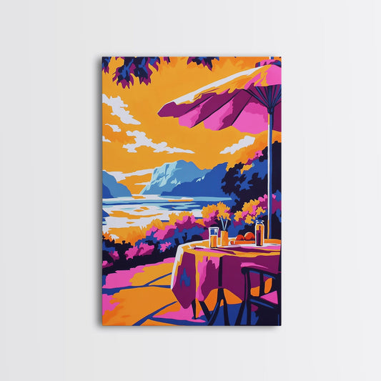 Outdoor Dining, Scenic View, Summer Patio Art, Relaxing Wall Decor, Cafe Scene, Vacation Aesthetic, Framed Canvas Print, Gift Idea
