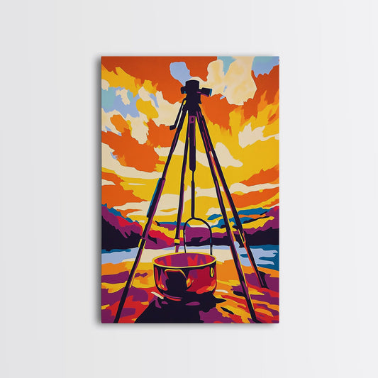 Camping Scene, Outdoor Cooking, Rustic Wall Art, Adventure Home Decor, Wilderness Aesthetic, Nature Inspired, Framed Canvas Print