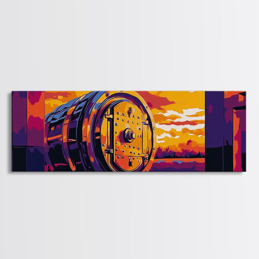 Bank Vault, Golden Glow, Industrial Art, Canvas Print, Vintage Wall Decor, Bold Colors, Man Cave Art, Unique Statement Piece