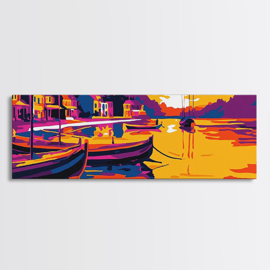 Coastal Harbor, Boats at Sunset, Vibrant Nautical Art, Framed Canvas Print, Beach House Decor, Ocean View, Colorful Landscape