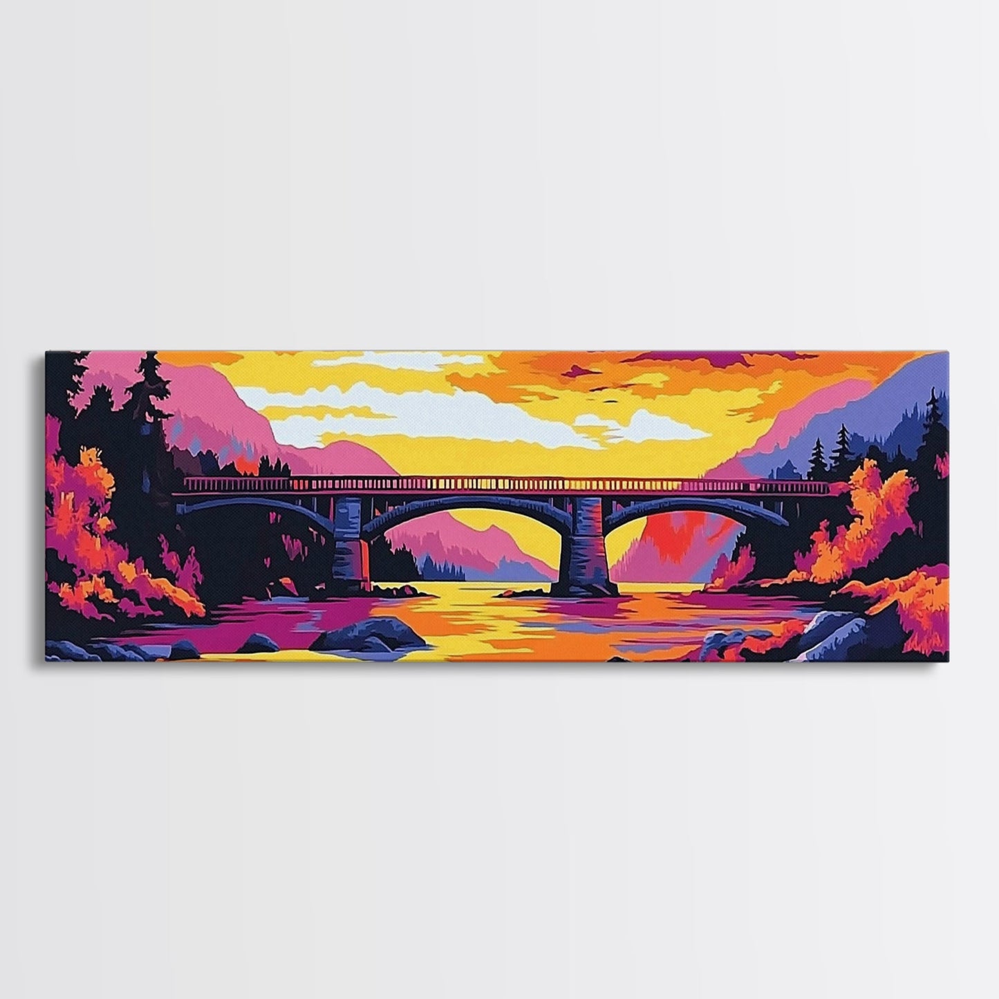 Stone Bridge, River Sunset, Autumn Art, Nature Scene, Living Room Wall Art, Colorful Home Decor, Canvas Print, Modern Landscape