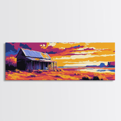 Desert Cabin, Western Landscape, Rustic Retreat, Canvas Print, Southwest Home Decor, Vibrant Colors, Country Wall Art, Warm Tones