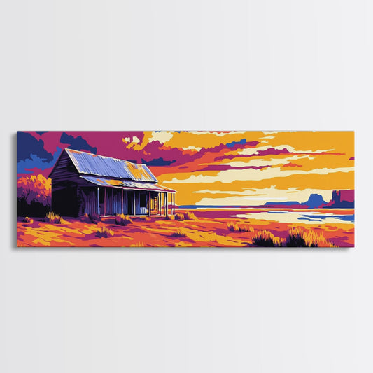 Desert Cabin, Western Landscape, Rustic Retreat, Canvas Print, Southwest Home Decor, Vibrant Colors, Country Wall Art, Warm Tones