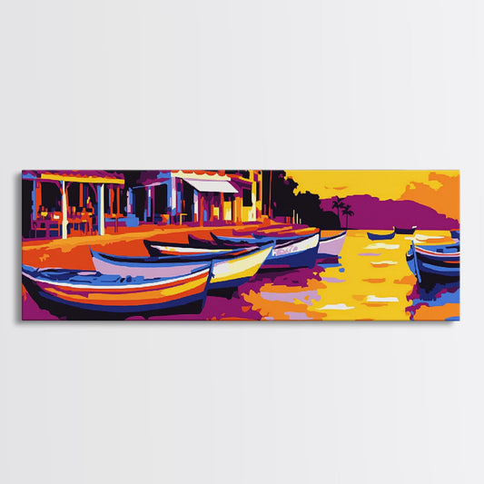 Fishing Boats, Seaside Village, Vibrant Sunset, Nautical Theme, Canvas Print, Living Room Wall Art, Rustic Coastal Decor, Beach House