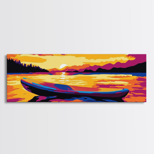 Sunset Canoe, Vibrant Landscape, Boho Wall Art, Framed Canvas Print, Living Room Decor, Lake Artwork, Colorful Nature, Large Wall Art