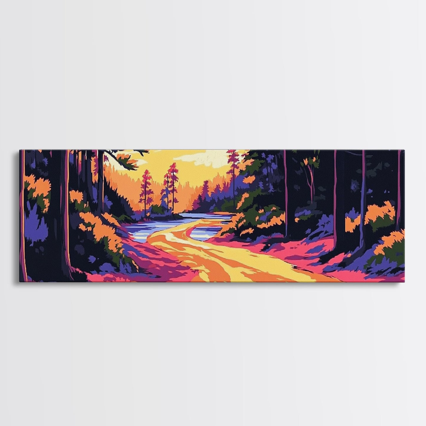 Forest Path, Scenic River, Golden Sunset, Framed Canvas Print, Rustic Home Decor, Nature Landscape Art, Cozy Cabin Decor, Fall Aesthetic