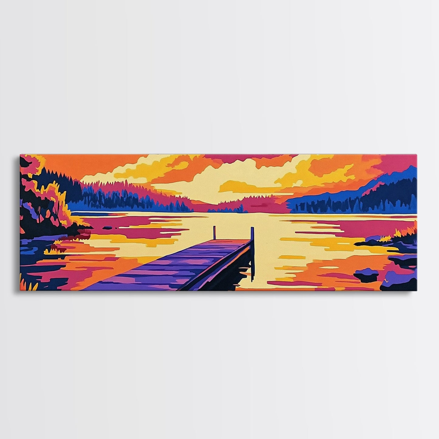 Sunset Lake, vibrant landscape, nature wall art, modern decor, colorful painting, Living Room Wall Art, Canvas Print, Framed Canvas Print