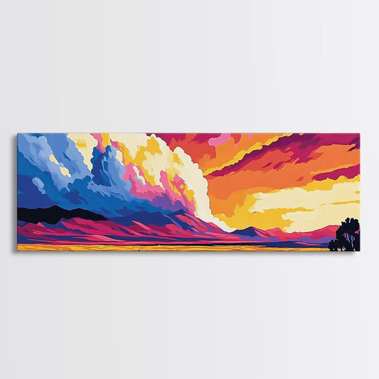 Mountain Clouds, colorful sunset, nature scenery, abstract sky painting, vibrant home decor, Office Wall Art, Framed Canvas Print