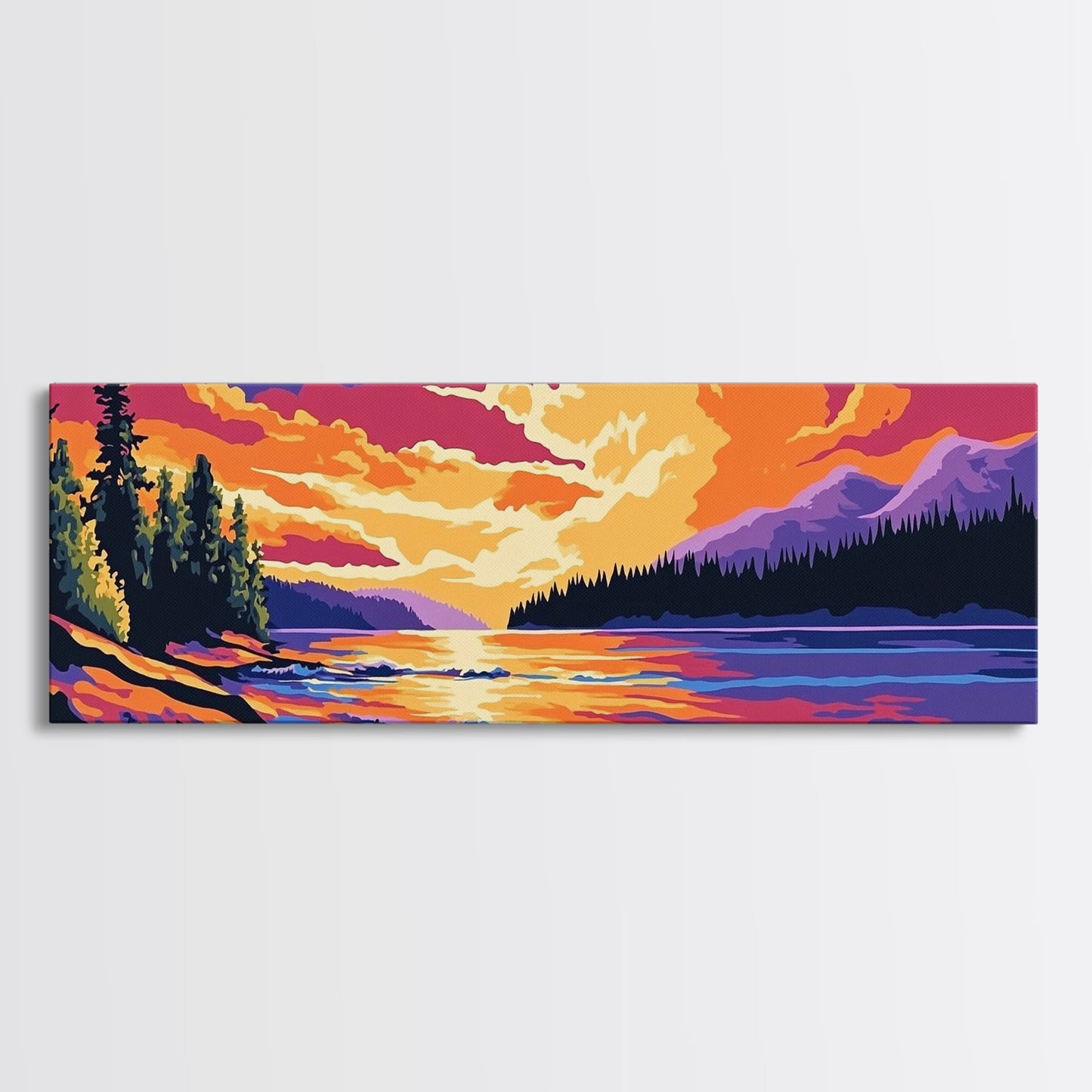 River Sunset, pine forest, mountain landscape, nature decor, cabin retreat, Fall Wall Art, Canvas Print, Framed Canvas Print