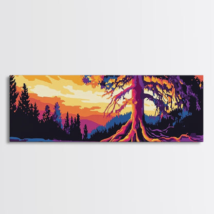 Lebendiger Baum, Sonnenuntergangsmotiv, gerahmter Leinwanddruck, Natur-Wanddeko, psychedelische Kunst, Boho-Landschaft, großes Wandbild, Bürodekoration