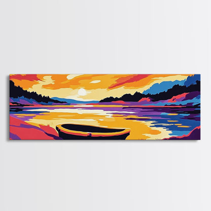 Sunset Boat, Serene Lake, Framed Canvas Print, Tranquil Water Art, Calm Landscape, Warm Color Palette, Boho Home Decor, Bedroom Wall Art