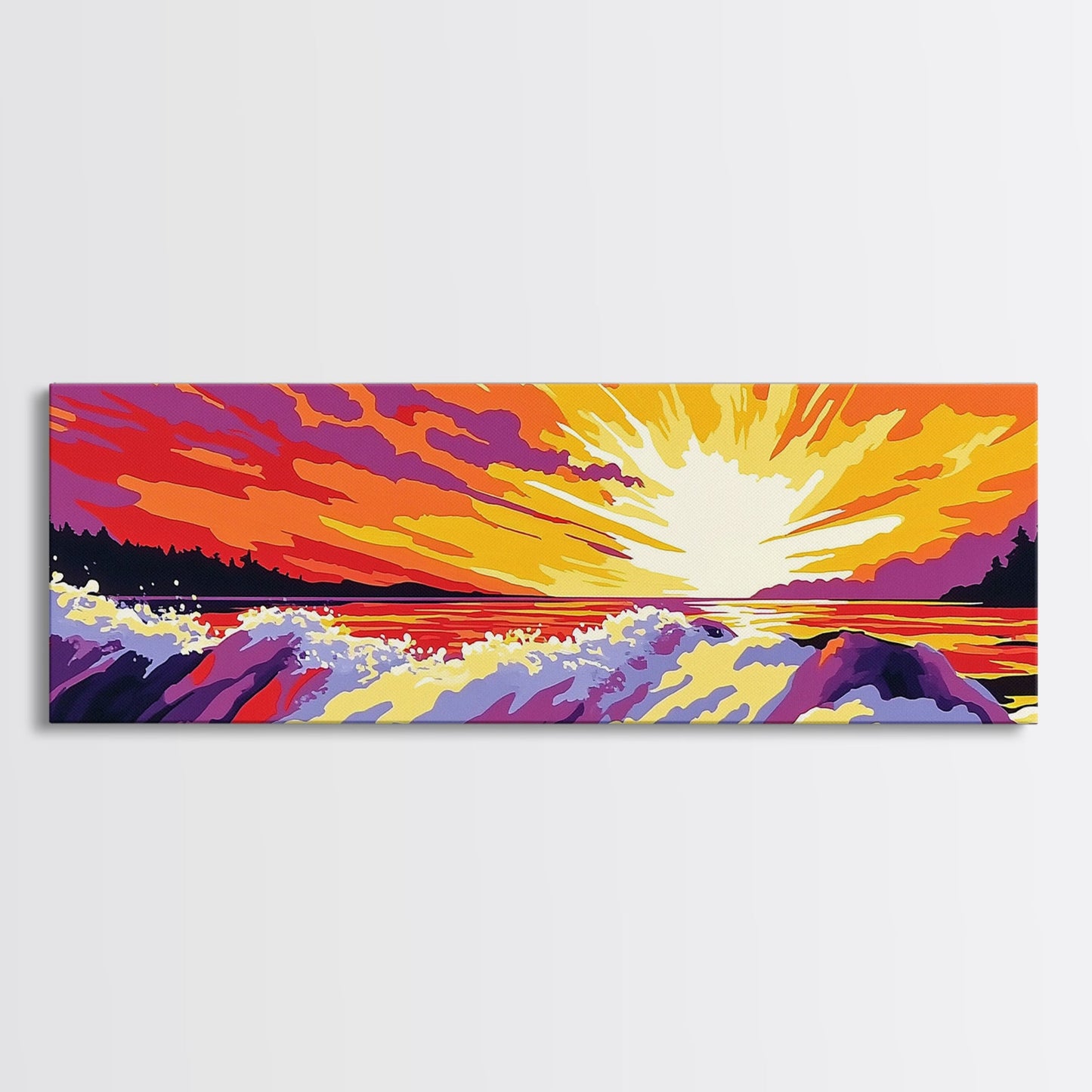 Ocean Waves, Fiery Sunset, Framed Canvas Print, Bold Seascape Art, Nature Scene, Coastal Home Decor, Modern Wall Art, Office Decor