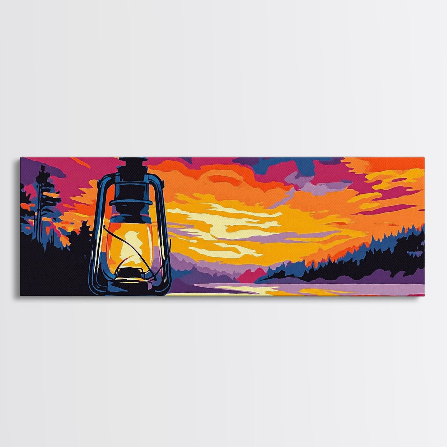 Lantern Glow, Sunset Reflection, Warm Fall Colors, Canvas Print, Cozy Living Room Art, Rustic Nature Decor, Cabin Ambiance, Vibrant Art