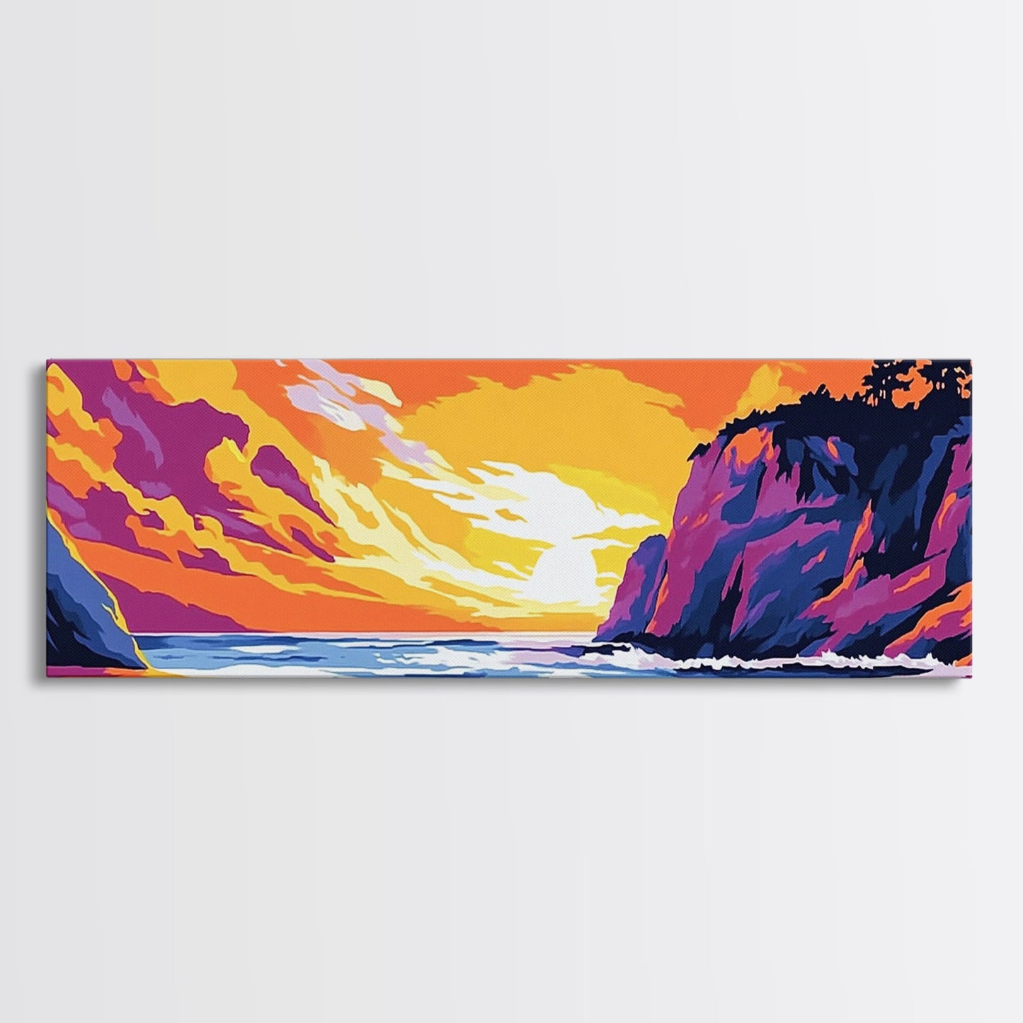 Cliffside Beach, Ocean Waves, Sunset Paradise, Framed Canvas Print, Coastal Landscape Art, Relaxing Home Decor, Vibrant Summer Vibes