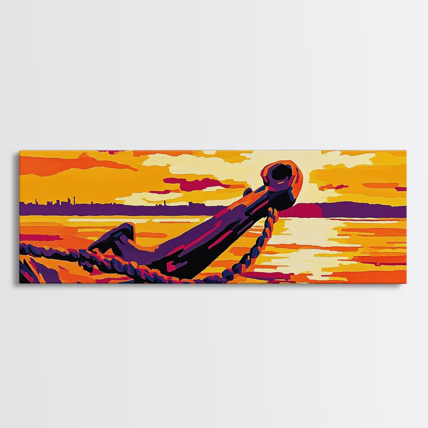 Nautical Anchor, Golden Sunset, Ocean View, Canvas Print, Coastal Home Decor, Vibrant Seascape, Beach Wall Art, Bold Nautical Art