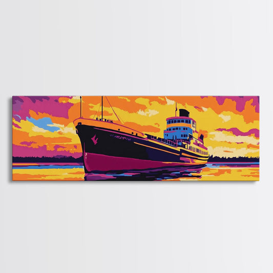 Ship, Sunset, Water, Framed Canvas Print, Nautical Wall Art, Coastal Decor, Bold Colorful Artwork, Travel Inspired Art, Living Room Decor