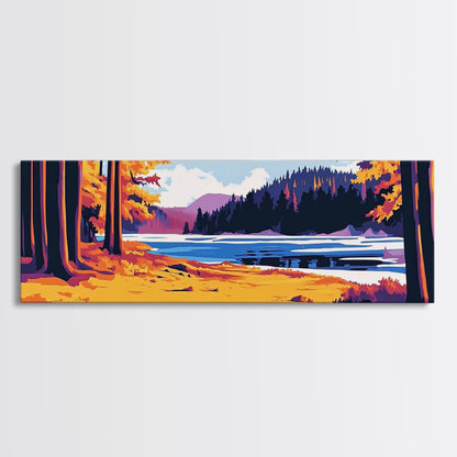 Autumn Forest, Lake View, Rustic Cabin Decor, Nature Lover Print, Fall Season Art, Framed Canvas Print, Cozy Living Room Wall Art