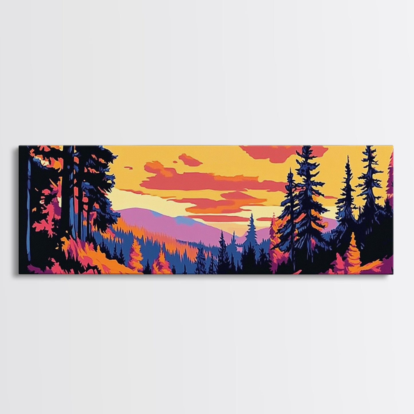 Pine Tree Landscape, Autumn Wilderness Art, Cozy Nature Decor, Warm Sunset Tones, Rustic Cabin Accent, Woodland Aesthetic, Canvas Print