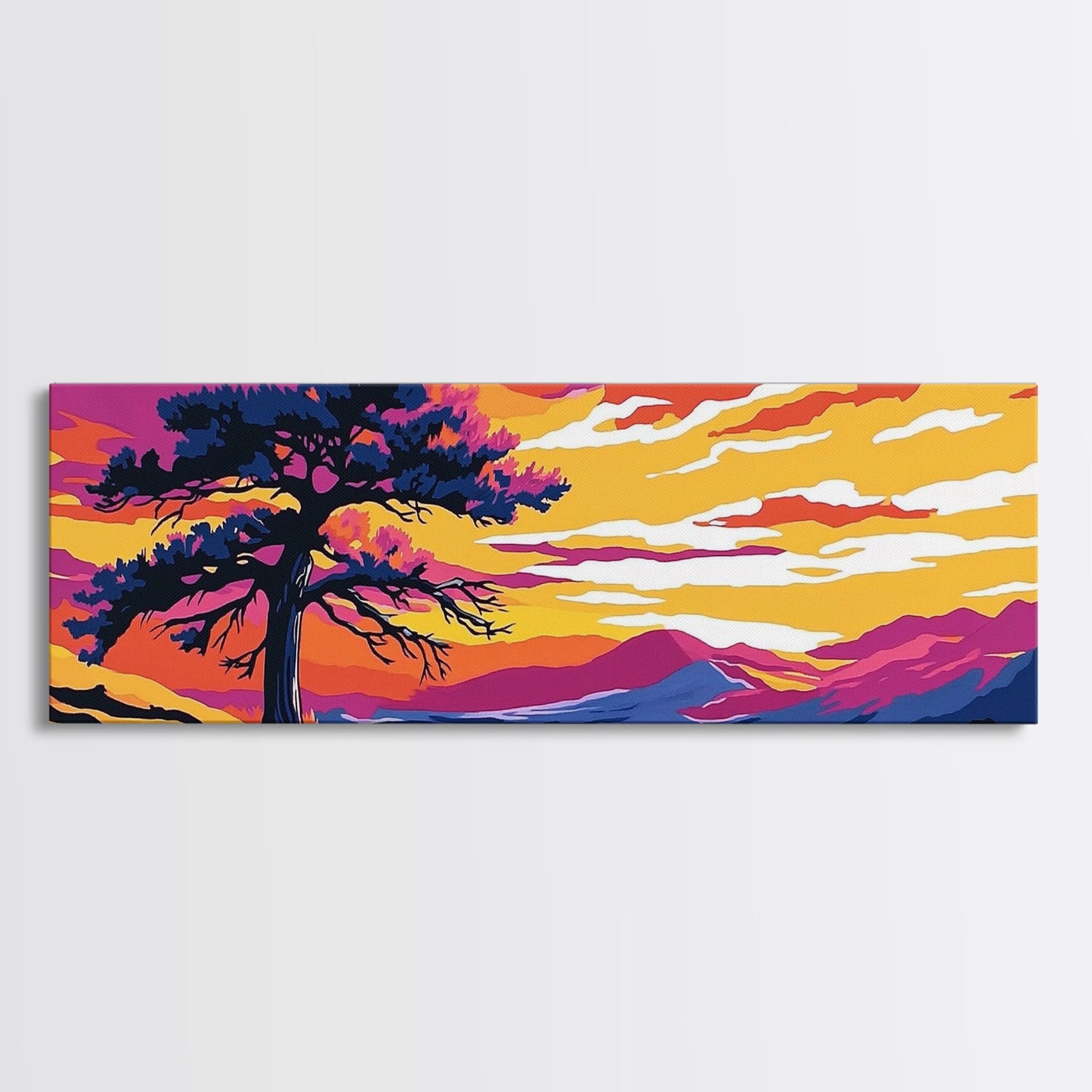 Lone Tree Art, Sonnenuntergangslandschaft, Naturwanddeko, Bergblick, Rustikale Wohnkunst, Südwest-Ästhetik, Großes Wandbild, Leinwanddruck