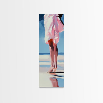 Barefoot Beach Walk, Pink Dress, Coastal Elegance, Framed Canvas Print, Summer Art, Bedroom or Entryway Decor, Relaxing Aesthetic