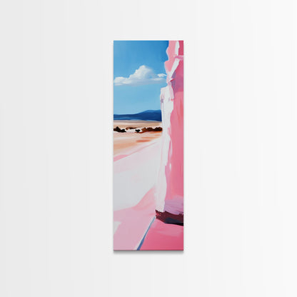Pink Cliff, Ocean View, Tranquil Beach, Framed Canvas Print, Coastal Wall Art, Minimalist Painting, Living Room Decor, Gift, Blue