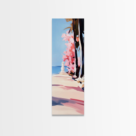 Coastal Walk, Pink Blossom, Vibrant Tree Art, Canvas Print, Beach Pathway, Spring Landscape, Serene Wall Art, Living Room Decor