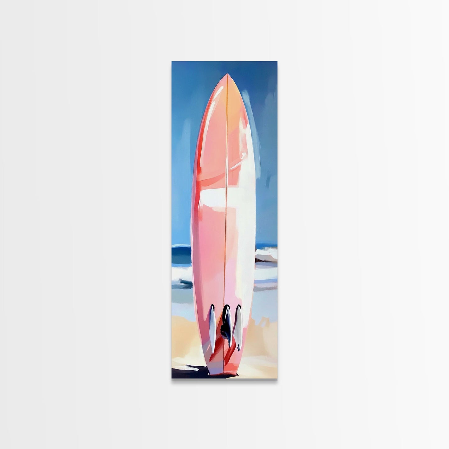 Pinkes Surfbrett, Strandhaus-Kunst, Küstenästhetik, Surfer-Lifestyle, Sommerfeeling, Gerahmter Leinwanddruck mit Ozeanmotiv, Moderne Wanddekoration