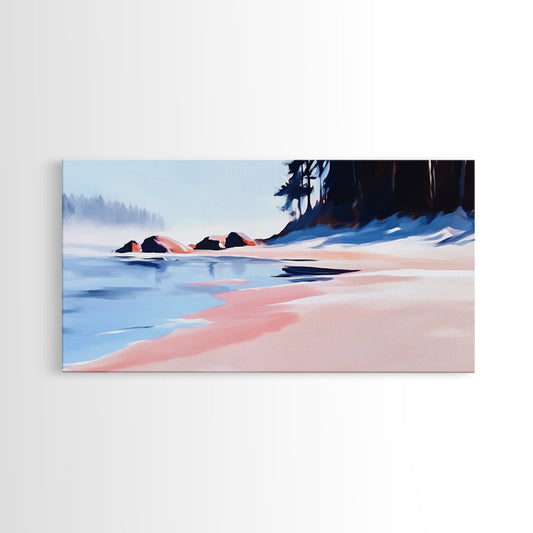 Misty Beach, Tranquil Ocean Scene, Soft Coastal Aesthetic, Framed Canvas Print, Minimalist Seascape, Relaxing Home Wall Decor