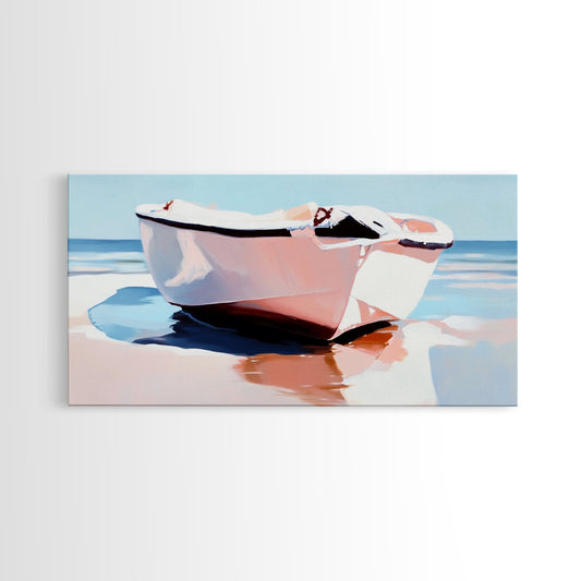 Beach Boat, Ocean Reflection, Coastal Calm, Canvas Print, Minimalist Nautical Art, Summer Home Decor, Living Room Wall Art, Tranquil Vibes