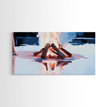 Gemütliches Lagerfeuer, Feuerspiegelung, Lagerfeuerglühen, Herbstnacht, gerahmter Leinwanddruck, Wandbild für die Hütte, rustikale Dekoration, warme Atmosphäre, Herbstkunst