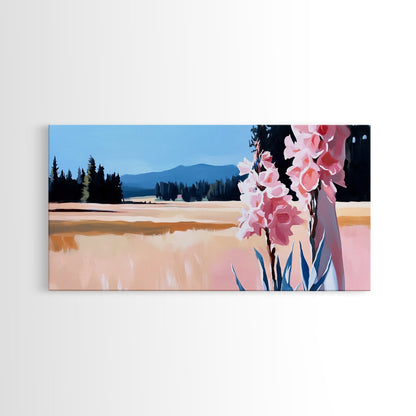 Rosa Blumen, Naturlandschaft, Wandbild im Landhausstil, Blumenästhetik, Boho-Dekor, Schlafzimmer-Wandbild, Minimalistische Kunst, Leinwanddruck