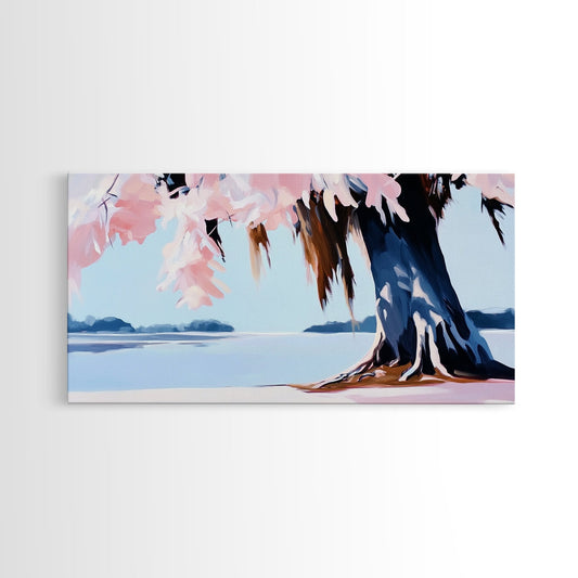 Blooming Coastal Tree, Spring Botanical Art, Pastel Nature Print, Cottagecore Floral Decor, Romantic Seaside Wall Art, Bedroom Canvas Print