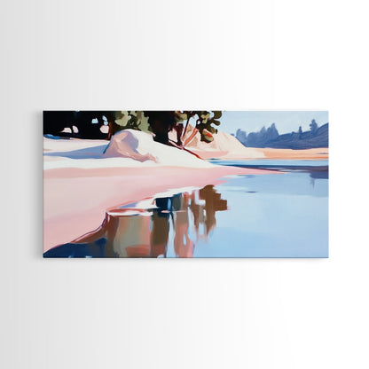 Küstenbaum, Dachüberstand, Leinwanddruck, vom Meer inspirierte Dekoration, moderne Strandwandkunst, pastellfarbene Meereslandschaft, ruhige Szenerie, tropisches Flair