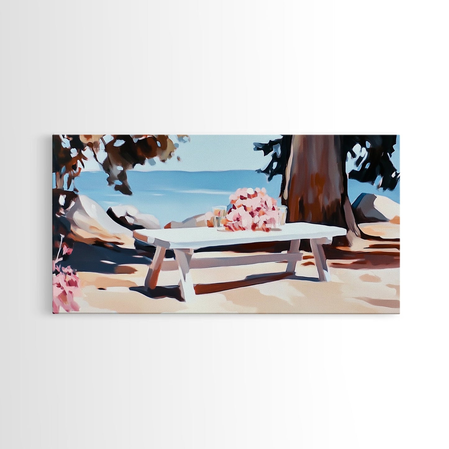 Strandpicknick, Essen am Meer, Sommerliche Wandbilder, Gerahmter Leinwanddruck, Küstendeko, Entspannende Atmosphäre, Küchenkunst, Maritime Ästhetik