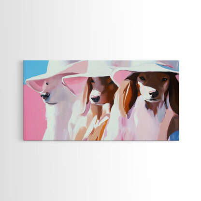 Stilvolle Hunde, Trendige Tierkunst, Ästhetischer Druck in Rosa, Modernes Haustierporträt, Verspielte Wandkunst, Dekoratives Dekor, Gerahmter Leinwanddruck