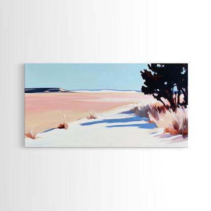 Wüstenpfad, minimalistische Landschaftskunst, warmer Pastelldruck, erdige Ästhetik, rustikale Wanddekoration, Schlafzimmerkunst, Leinwanddruck