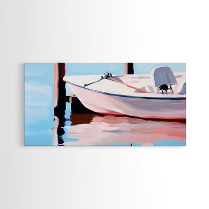 Segelboot-Ruhe, Nautische Kunst, Minimalistischer Boho-Stil, Blaue Küstendekoration, Spiegelung im ruhigen Wasser, Gelassene Ästhetik, Leinwanddruck, Eingangsbereich