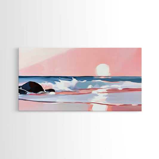 Sunset Beach, Ocean Waves, Framed Canvas Print, Coastal Wall Art, Pink Sky Painting, Living Room Decor, Tropical Seascape
