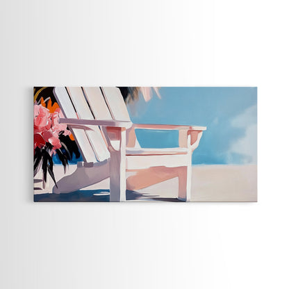 Strandstuhl, Sommerentspannung, Küstenkunst für draußen, Urlaubsästhetik, tropische Wohndekoration, minimalistische Pastellfarben, Leinwanddruck, Terrasse