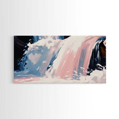 Wasserfallmotiv, Naturwandbild, Ruhige Landschaftskunst, Moderner minimalistischer Druck, Blau- und Rosatöne, Gerahmter Leinwanddruck, Wohnzimmerkunst