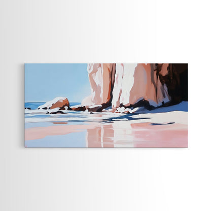 Strandspiegelungen, Felsformationen, Küstenkunst, Leinwanddruck, Wanddekoration im Küstenstil, Meeresgemälde, Wohnzimmerkunst, Minimalistische Strandkunst