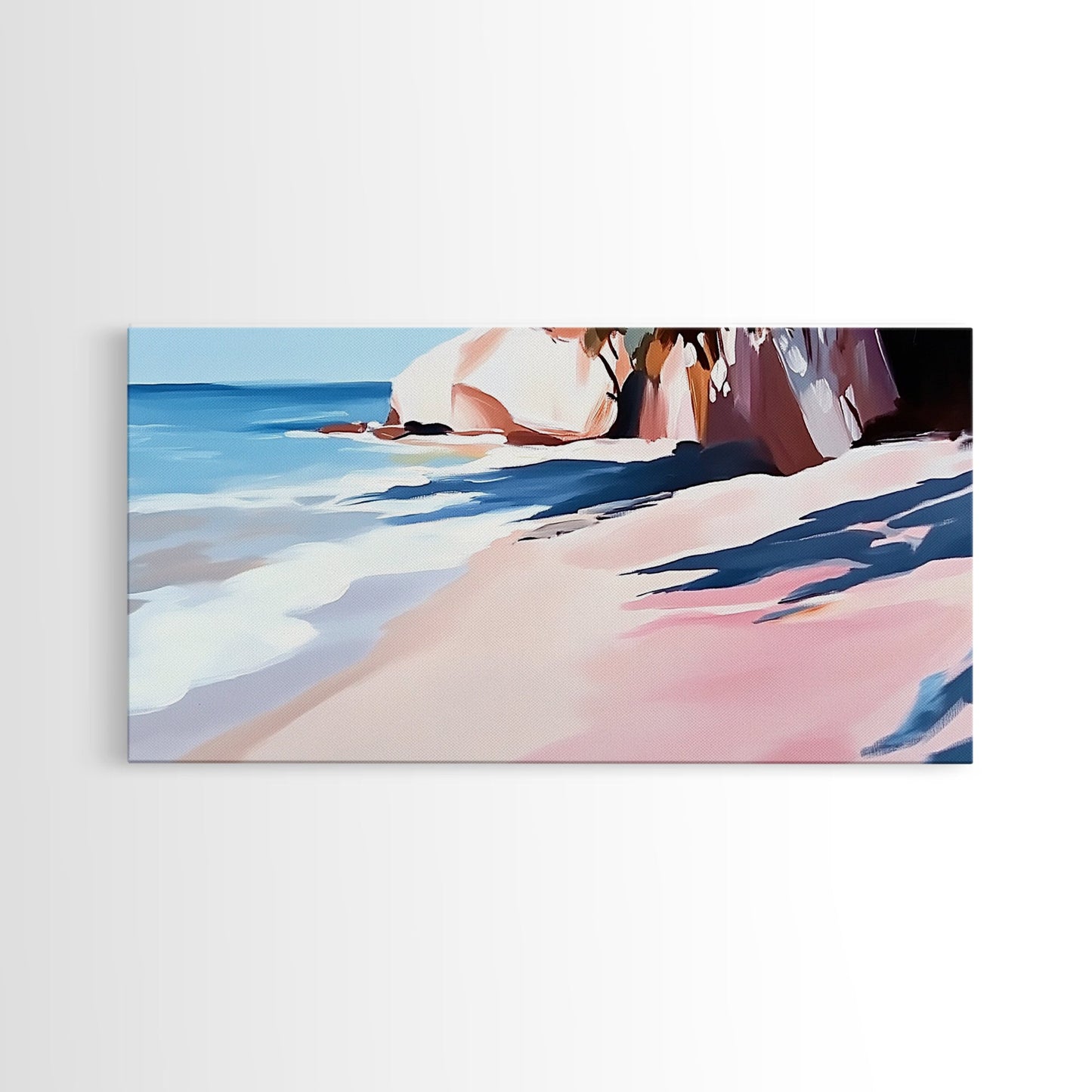 Meeresküste, Felsstrand, blaue Wellen, Leinwanddruck, moderne Küstenkunst, Strandhausdeko, Wandbild fürs Wohnzimmer, minimalistisches Meeresbild