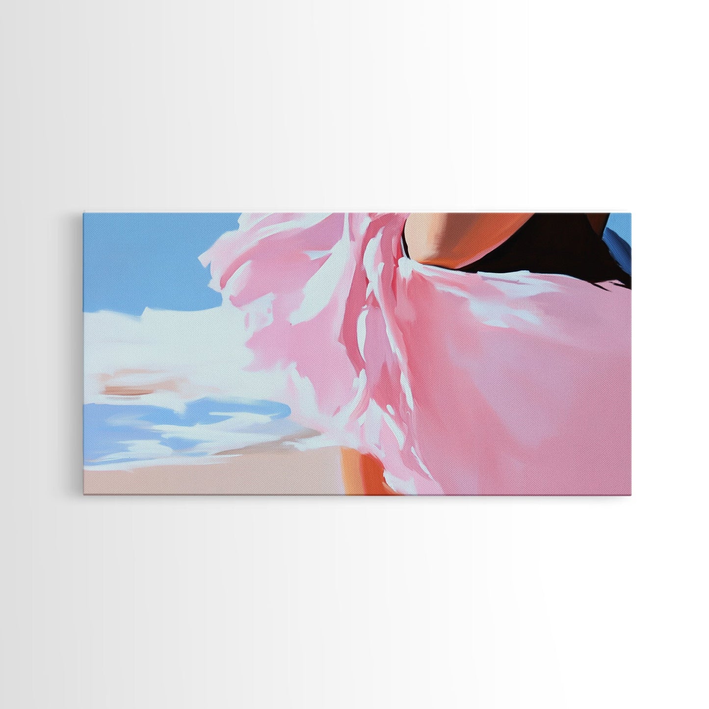 Fließendes Kleid, Strandwind, feminine Eleganz, modische Wandkunst, gerahmter Leinwanddruck, Meeresbrise, moderne Wohndekoration, zartrosa Ästhetik