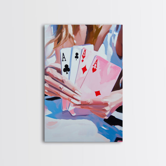 Poker Hand, Woman Holding Cards, Gambling Art, Casino Wall Art, Luxury Decor, Contemporary Art, Framed Canvas Print, Game Room