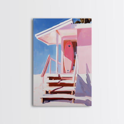 Surf Shack, Tropical Beach House Art, Framed Canvas Print, Pink Coastal Decor, Summer Vibes Wall Art, Relaxing Ocean Painting, Boho Chic